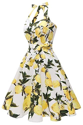Topdress Women's Vintage Polka Audrey Dress 1950s Halter Retro Cocktail Dress White Lemon 2XL - Image 5