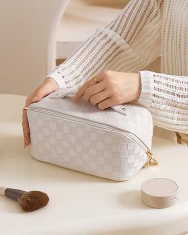 EACHY Travel Makeup Bag, Large Capacity Cosmetic Bags for Women, Waterproof Portable Open Flat Toiletry Bag Make up Bag with Divider and Handle, Gifts for Women (White-4, Medium) - Image 9