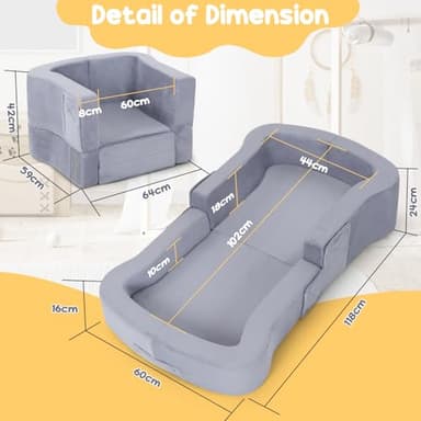 whiffee Toddler Travel Bed, 2-in-1 Foldable Portable Toddler Bed Sofa Chair, Soft Baby Kids Travel Floor Beds Cot with Washable Covers Safety Foam Raised Bumper for Camping Hotel Sleeping, Grey - Image 7