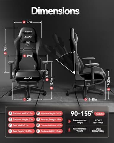 AutoFull C3 Gaming Chair, Racing Style Gaming Chair with Ergonomic Lumbar Support,Adjustable High Back PU Leather PC Chair with Footrest,Black - Image 3