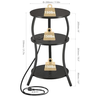 Small Round Side Table with Charging Station, 3-Tier Waist Circular End Table with Storage Shelf, Compact Tea Sofa Side Table Small Spaces, Round Corner Coffee Table for Living Room Bedroon,Black - Image 3