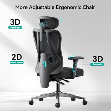 Hbada P3 Pro Ergonomic Office Chair with 2D Adjustable Lumbar Support, Office Desk Chair with 3D Adjustable Headrest and Armrests, 135° Stepless Tilt Function, Three-Layer Mesh, Black(No Footrest) - Image 9