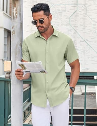 COOFANDY Men's Untucked Wrinkle Free Shirt Casual Short Sleeve Button Down Shirts, Light Green, X-Large - Image 2