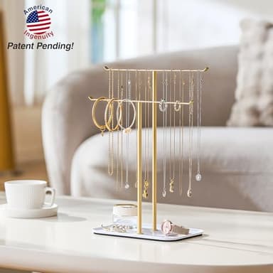 pickpiff Necklace Holder Jewelry Organizer Stand – 2‑Tier T‑Bar Jewelry Display Tree with Tray for Countertop Necklace Bracelet Earring Storage, Vanity Dresser Bathroom Sink, Gold - Image 7