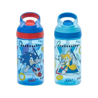 Zak Designs Sonic the Hedgehog Atlantic Kids Water Bottle For School or Travel, 16oz Durable Plastic Water Bottle With Straw, Handle, and Leak-Proof Spout Cover, 2-Pack (Sonic, Knuckles, Tails, Amy) - Image 1