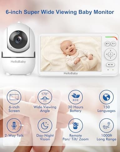 HelloBaby World's First 6" IPS Split Screen Baby Monitor with 2 Cameras - No WiFi, 30hr Battery, 355° Pan-Tilt, Night Vision, 1000ft, Portable Travel Video Audio Monitors with Temp Alert/Lullabies/VOX - Image 2