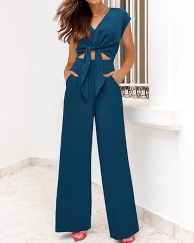 PRETTYGARDEN Two Piece Outfits For Women 2025 V Neck Cap Sleeve Strappy Crop Tops Loose Fit Wide Leg Pants Sets(Solid Teal,Medium) - Image 6