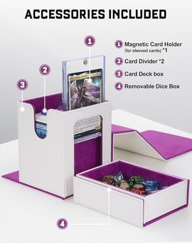 ZLCA MTG Commander Deck Box with Display Window, Card Deck Box Holds 100 Double-Sleeved Cards with Dice Tray & 35pt Magnetic Card Holder(White& Purple) - Image 2