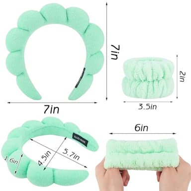 Zkptops Spa Headband for Washing Face Wristband Set Sponge Makeup Skincare Headband Wrist Towels Bubble Soft Hairband for Women Puffy Headwear Winter Non Slip Thick Thin Hair Accessory(Light Green-3) - Image 6