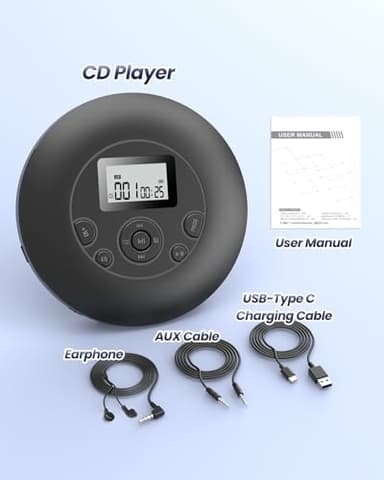 Desobry Portable CD Player with 5EQ Mode Personal Players with Headphones LCD Display Anti-Skip Protection Playback Memory CD Player for Car Compact Player Music Media - Image 7