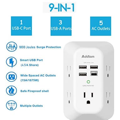 Addtam USB Wall Charger Surge Protector 5 Outlet Extender with 4 USB Charging Ports (1 USB C Outlet) 3 Sided 1800J Power Strip Multi Plug Outlets Wall Adapter Spaced for Home Travel Office ETL Listed - Image 2