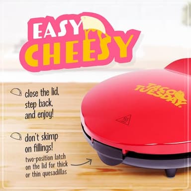 Taco Tuesday Deluxe 10-inch 6-Wedge Electric Quesadilla Maker with Extra Stuffing Latch, Red - Image 3