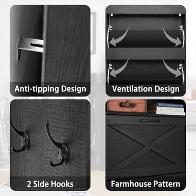 Joaxswe Shoe Storage Cabinet With 2 Flip Drawers, Farmhouse Organizer for Entryway, Narrow Hidden Rack With Wooden Legs & Open Storage, Free Standing Closet for Foyer, Hallway, Black - Image 7