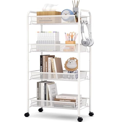 TOOLF 4-Tier Rolling Cart, Metal Utility Cart with 3 Hooks, Easy Assemble Mobile Storage Trolley On Wheels, Metal Shelving Units Kitchen Bathroom Laundry Room - Image 1