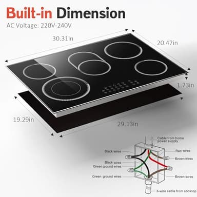 Pladeca 30 Inch Electric Cooktop, 5 Burner Electric Stove Top Touch Control, 8400W Built-in Ceramic Stovetop Burner 30" with Expandable Zone, Child Lock, Timer, Overheat Alert, 220-240v Hardwired - Image 8