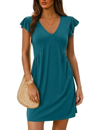 Dokotoo Summer Dresses for Women Mini Dress Casual 2025 Sundresses Holiday V Neck Beach Women's Sun Dress Fall Cute Petite Short Womens Dresses Fashion Blue - Image 1