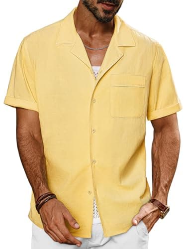 PJ PAUL JONES Cuban Shirts for Men Short Sleeve Button Down Untuckit Shirts for Summer Beach Camp Light Yellow S - Image 1