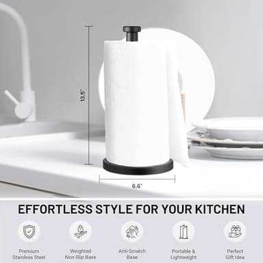 Steelware Central Black Paper Towel Holder Countertop Stainless Steel Paper Towel Stand with Weighted Non-Slip Base - One-Handed Tear, Rust-Resistant - Image 3