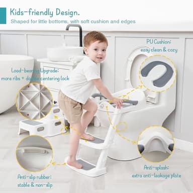 Forbena Potty Training Toilet Seat with Step Stool Ladder, Toddler Kids Potty Seat for Boys Girls, Non Slip Foldable Toilet Training Seat with Soft Cushion, Comfortable Handles (White-Grey) - Image 3