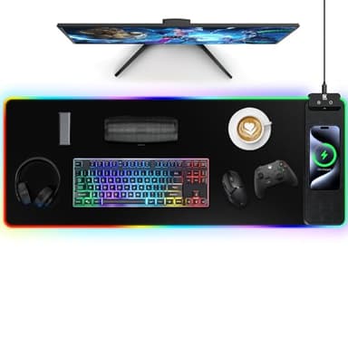 Mouse Pad with Wireless Charging, Large Desk Mat RGB Gaming Mousepad, 10 Light Colors LED Gaming Pad Keyboard Pad with Ultra-Smooth Surface & Non-Slip Rubber Base, Waterproof Full Desk Mouse Pad - Image 1