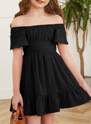 DOKOTOO KIDS Girls Boho Dress Elegant Off Shoulder Ruffle Hem Back Tie Dresses Black 6-7 Years Old - Image 4