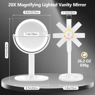 Makeup Mirror with Lights,20X Magnifying Mirror with Light and Touch Switch,Vanity Mirror with 3 Color Light and 80 LEDs,2-Sided Lighted Magnified Mirror 8.8 Inches - Image 2