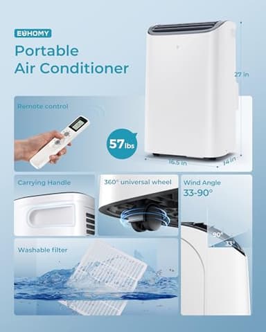 EUHOMY Portable Air Conditioners 12,000 Btu, 3 in 1 Portable Cooling AC with Dehumidifier, Fan Modes, Stand-up AC Unit with 46dB Low Noise & 24H Timer, Sleep Mode for Bedroom, Rooms up to 550 Sq.Ft - Image 9
