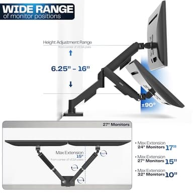 VIVO Dual Monitor up to 32 inches and 19.8 lbs per Screen, Pneumatic Arm Desk Mount, Articulating Counterbalance, VESA Stand, Classic, STAND-V002O - Image 4