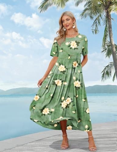 YESNO Women Casual Loose Bohemian Floral Dress with Pockets Short Sleeve Long Maxi Summer Beach Swing Dress S EJF CR19 - Image 2