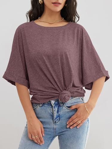 ATHMILE Tshirts Shirts for Women Loose Fit Crewneck Short Sleeve Summer Casual Blouse 2025 Y2K Tee Tops Wine Red - Image 4