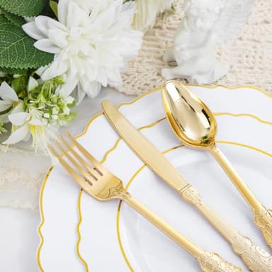 Liacere 350PCS Gold Plastic Plates-Disposable White and Gold Plates 50guest Baroque Plastic Dinnerware include 100Plates, 50Pack Pre Rolled Napkins with Silverware 50Cups for Wedding&Fall Decor - Image 3