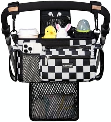 TOPDesign Universal Baby Stroller Organizer, Stroller Caddy with Detachable Mesh Bag & Heightened Insulated Cup Holders & Non-Slip Secure Hooks Accessories, Fits Most Strollers (Checkerboard - Image 3