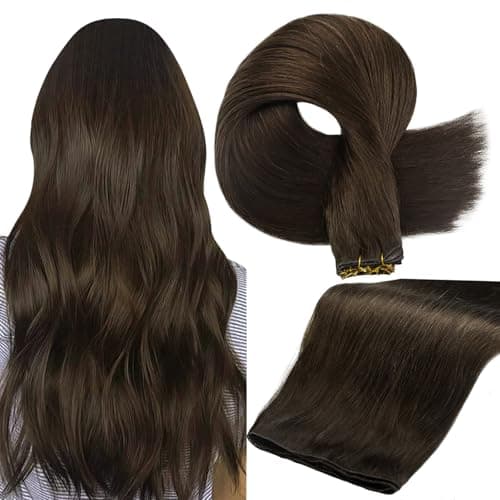 Full Shine Sew In Hair Extensions Real Human Hair Genius Weft Hair Extensions Hand Tied Weft Real Hair Sew In Extensions Remy Hair Dark Brown Full Head for Women 60 Gram 24 Inch - Image 1