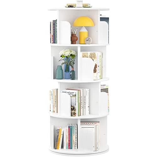 Aheaplus Rotating Bookshelf, Small Corner Bookshelf for Small Space, 360 Display 4 Tier Floor Standing Bookcase Storage Rack, Wood Narrow Book Shelf Organizer for Bedroom, Living Room, White - Image 1