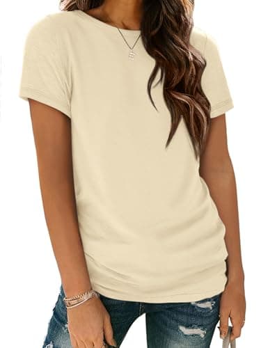 ATHMILE Short Sleeve Tunic Tops for Women Fashion Clothes Juniors Casual Crew Neck Basic Tee Cotton Spring Shirts Cream - Image 1
