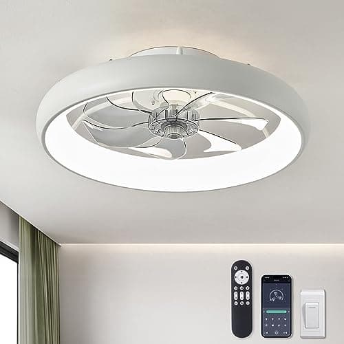 LUDOMIDE Ceiling Fans with Lights and Remote, 20'' Low Profile Flush Mount, 6 Wind Speeds, Modern Dimmable LED Ceiling Fan, Smart Ceiling Fan for Bedroom, Kids Room (White) - Image 1