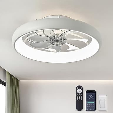 LUDOMIDE Ceiling Fans with Lights and Remote, 20'' Low Profile Flush Mount, 6 Wind Speeds, Modern Dimmable LED Ceiling Fan, Smart Ceiling Fan for Bedroom, Kids Room (White) - Image 1