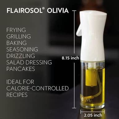 FLAIROSOL OLIVIA. The Original Advanced Oil Sprayer for Cooking, Kitchen, Salads, BBQs, Continuous Spray with Portion Control, 130ml Glass Olive Oil Sprayer(White Print) - Image 6