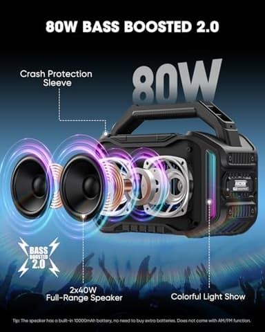 ANCOON Speakers Bluetooth Wireless: 80W(Peak) Loud Speaker with Bass, 20H Playtime, IPX6 Waterproof, Large Jobsite Speakers for Work, Outdoor, Workshop, Garage, Portable Speaker with TWS (Black) - Image 2