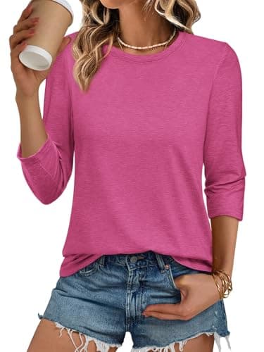 ATHMILE Shirts for Women Trendy Summer 3/4 Sleeve T-Shirts Crewneck Cute Tunic Tops Basic Tees Blouses Loose Fit Pullover Rose - Image 1