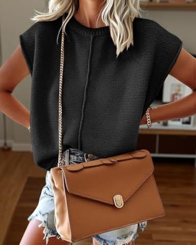 Saodimallsu Summer Tops for Women 2023 Casual Cap Sleeve Lightweight Knitted Loose Sweater Pullover Top Black - Image 3