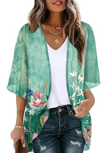 OFEEFAN Summer Tops for Women 3/4 Sleeve Plus Size Kimono Swimsuit Cover Ups Chiffon Blouses Pool Floral XXL - Image 1