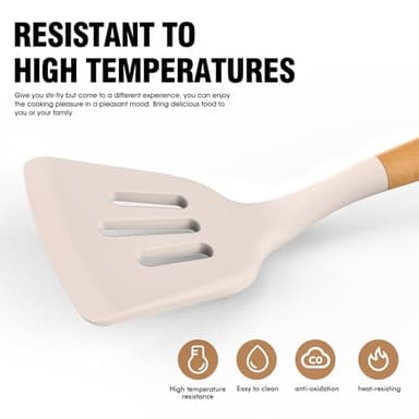 Silicone Cooking Utensils Set - Silicone Kitchen Utensils for Cooking Wooden Handles, 446°F Heat Resistant Kitchen Utensil Spatula Sets w Holder, Gadgets for Non-Stick Cookware BPA FREE (Khaki) - Image 6