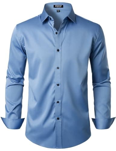 JEMITOP Men's Stretch Wrinkle Free Dress Shirts Formal Wedding Prom Long Sleeve Button Down Shirt Classic Blue XXL - Image 1