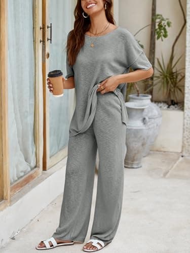 Tankaneo Women's 2 Piece Travel Outfits Casual Short Sleeve Knit Sweater Set Wide Leg Pants Lounge Sets Tracksuit - Image 5