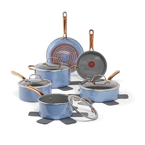 T-Fal Preserve Ceramic, Non stick Cookware Set 13-Piece, Oven & Broiler Safe up to 350°F, Includes Stockpot, Saucepans, Frying Pans, Protectors, Pots and Pans, Blue - Image 1