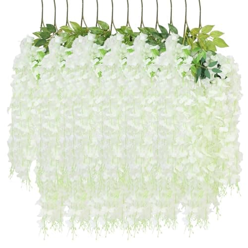 12 Pack Wisteria Hanging Flowers, 45 in /3.7ft Artificial Vine Hanging Flowers for Decoration, Fake Long Rattan Hanging Garland Silk Flowers String for Wedding, Garden, Bedroom, Home Decor - White - Image 1