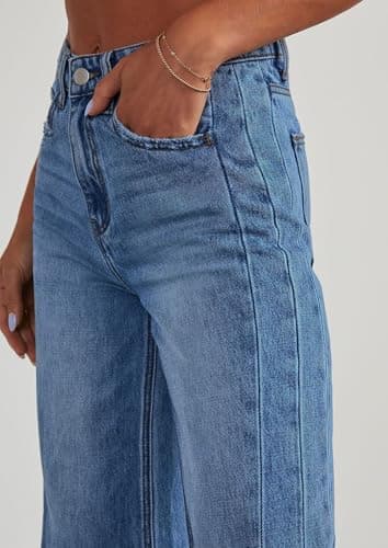 PRETTYGARDEN Wide Leg Jeans for Women Trendy 2025 High Waisted Stretchy Baggy Raw Hem Denim Palazzo Pants with Pockets (Dark Blue,14) - Image 4