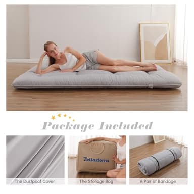 Zelladorra Japanese Floor Mattress, Futon Mattress with Storage Bag and Washable Cover, Roll Up Tatami Mat Suitable for Guest Room, Grey, Queen - Image 2