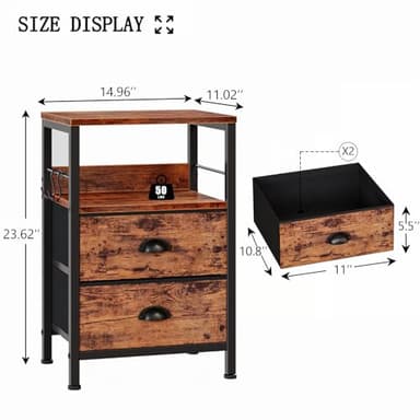 Furologee Nightstands Set 2, Bedside Table with 2 Fabric Drawers, End Table with Hooks and Shelf, for Bedroom/Living Room/Study/Hallway/Brown - Image 3